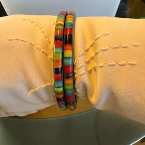 Set Of 2 Vintage Brass And Colorful Inlay Mosaic Bangle Bracelets Bohemian